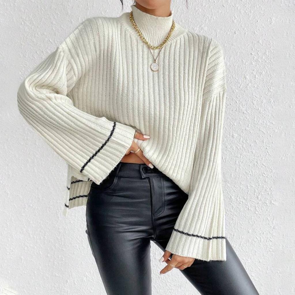 Women's Casual Fashion Colorblock Knitted Brushed Turtleneck Long Sleeve Top