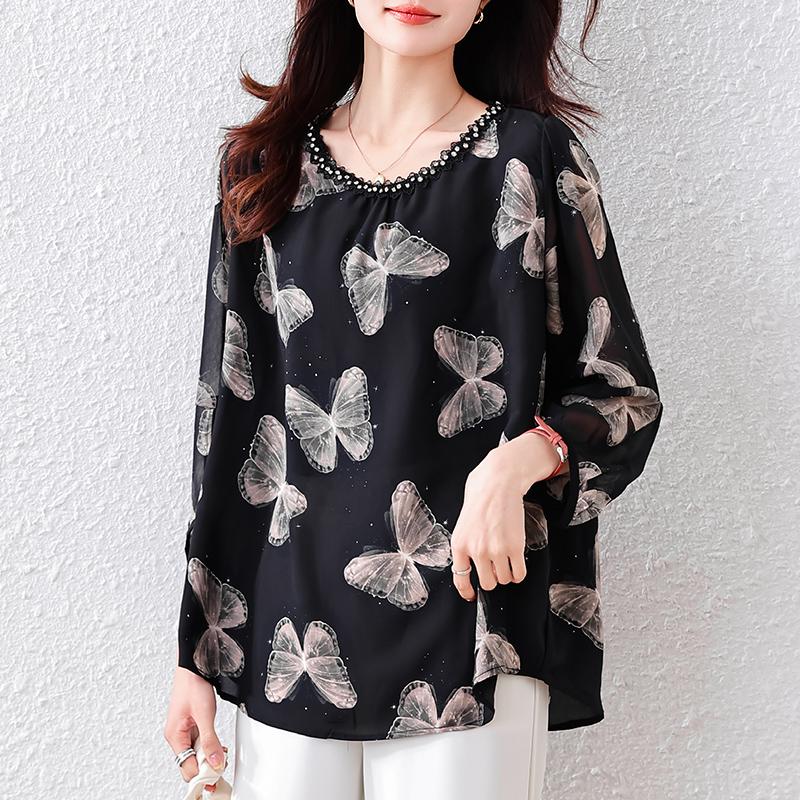 Dimanaf 2025 Summer Plus Size Women T-Shirts Chiffon Elegant Printing Tops Tees Loose Shirt