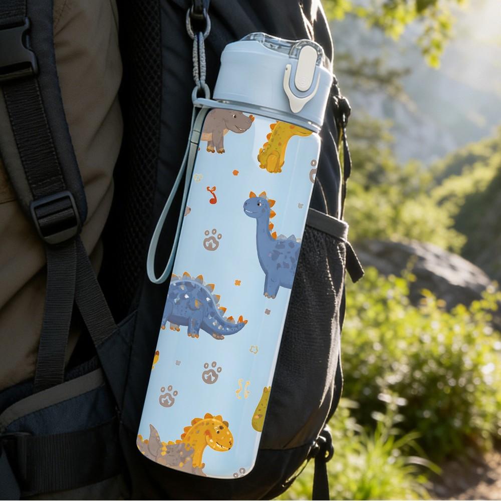 1PC Cute Dinosaur Seamless Pattern Print 750ml Color Plastic Sports Water Bottle Leakproof Flip Straw Lid Suitable for Sports Office Home Use
