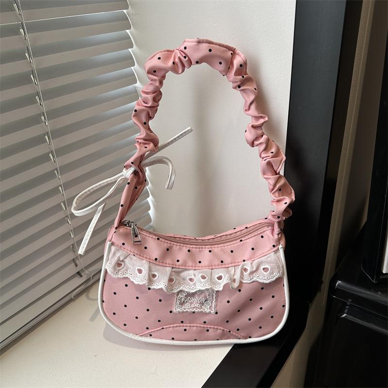 Lace Polka Dot Shoulder Bag Stretchable Strap Large Capacity Pleated Underarm Bag Multi-Color French Stick Handbag Purse