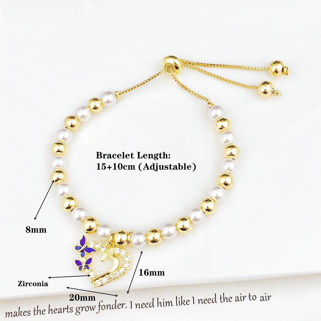 Classic Pearl Chain Heart-Shaped Bowknot Zirconia Pendant Bracelet High-Quality Women Girls Daily Party Jewelry Birthday Gift