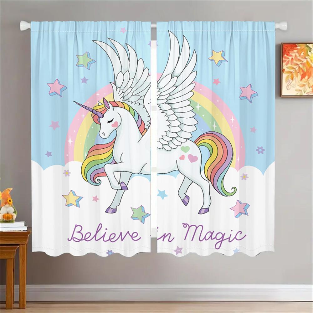 

2 шт. Сказочные шторы с единорогами, узор радужных звезд, гостиная, спальня, детская комната, солнцезащитные, декор на волшебную тему 29.5W65H(inch)x2Pcs&Rod Pocket