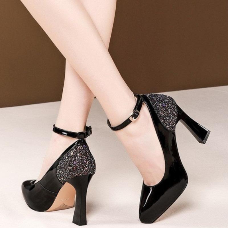 Fashion High Heeled Single Shoes Autumn New Pointed Toe Patent Leather One-Line Sequin Non-Slip Wear-Resistant Stiletto