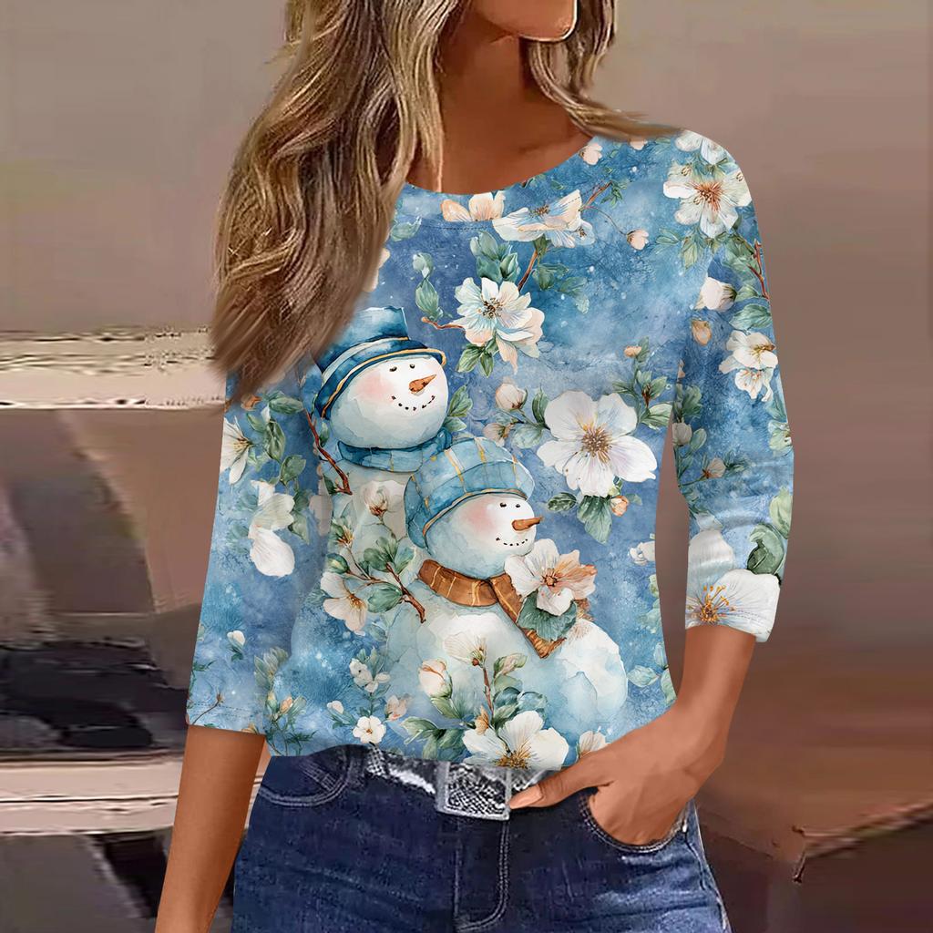 3/4 Length Sleeve Womens Tops Floral Print Vintage Fashion Casual Loose With Round Neck Plus Size Shirts