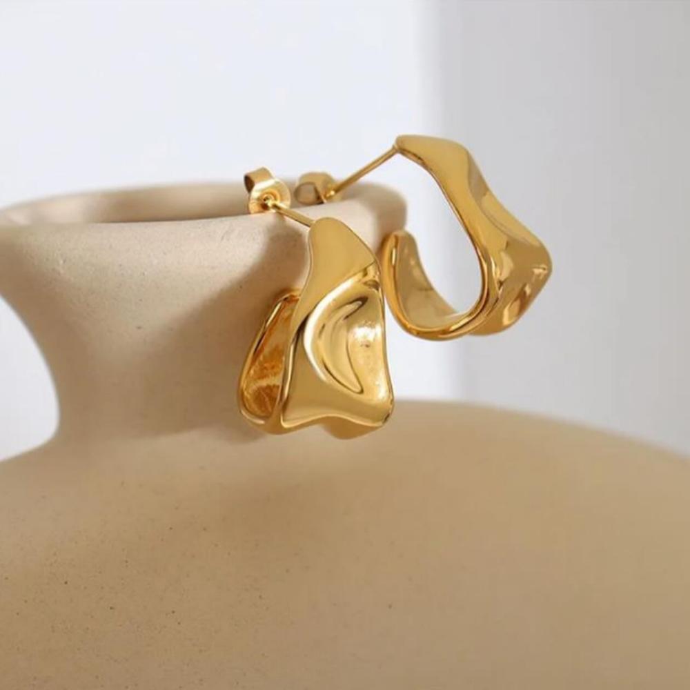 Stainless Steel Gold Color Irregular Wave Shape Hoop Earrings for Women Jewelry Silver Geometric Textured Folded Over Studs