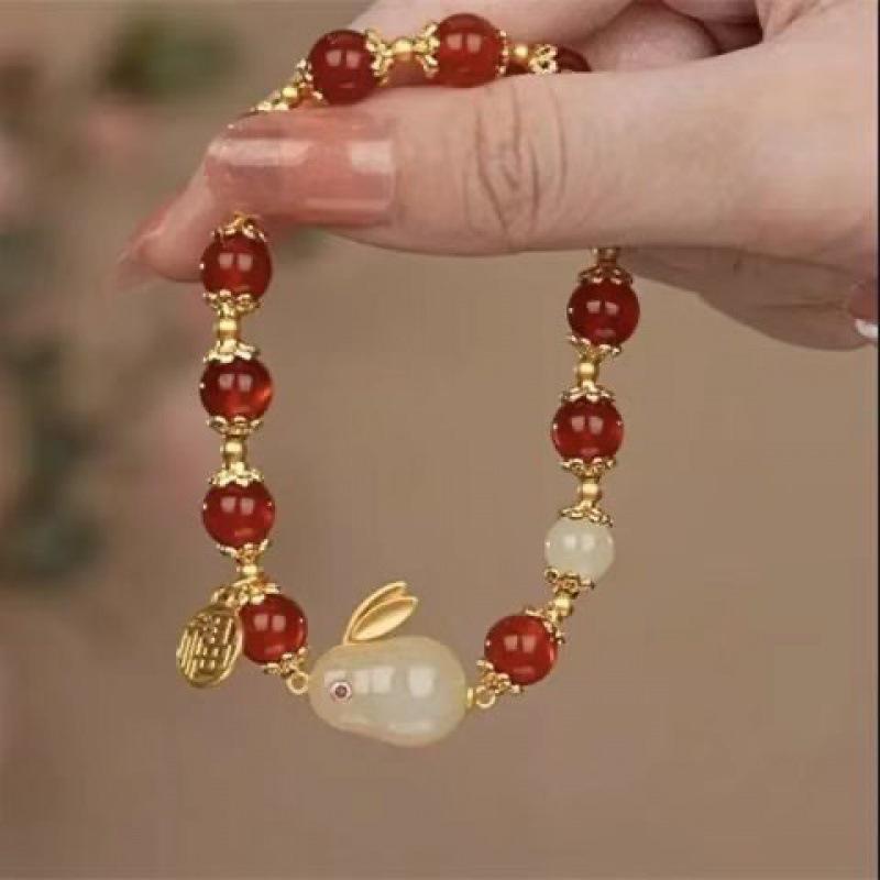 2025 Jadeite Green Jade Rabbit Bracelet: High-End Chinese Style, Year of the Snake, Elegant Women's Niche Beaded Design