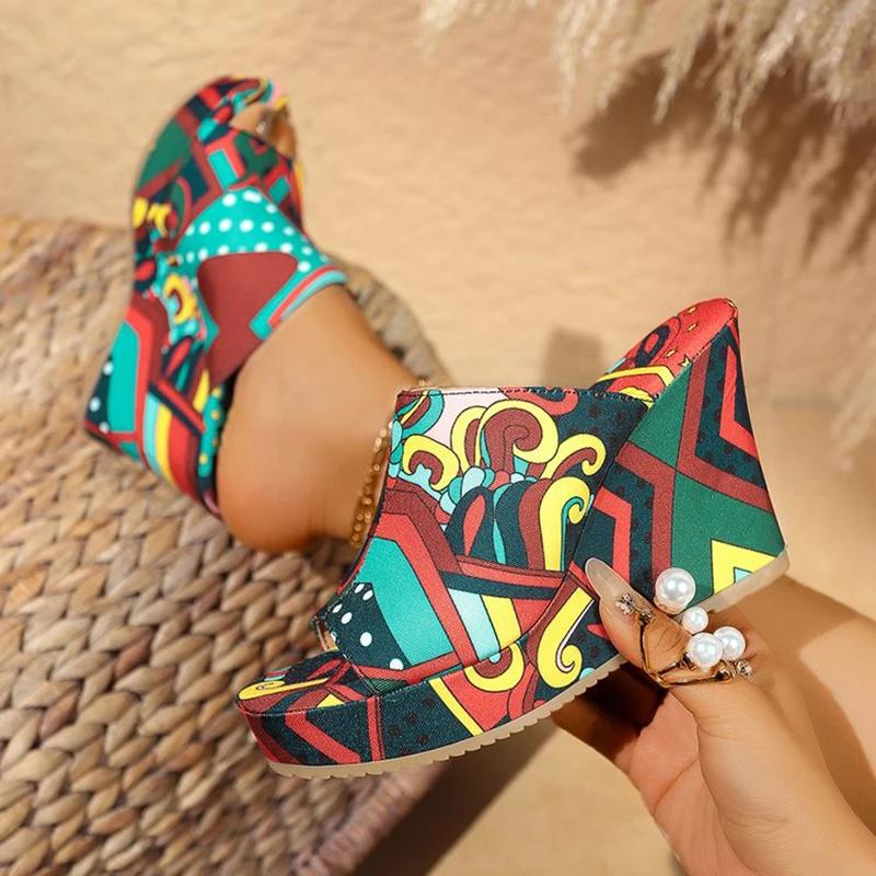 Fashion Colorful Graffiti Wedge Heel Sandals for Women Summer Peep Toe Chunky Platform Slippers Woman Fashion Thick Bottom Beach Sandals 35 3575₽