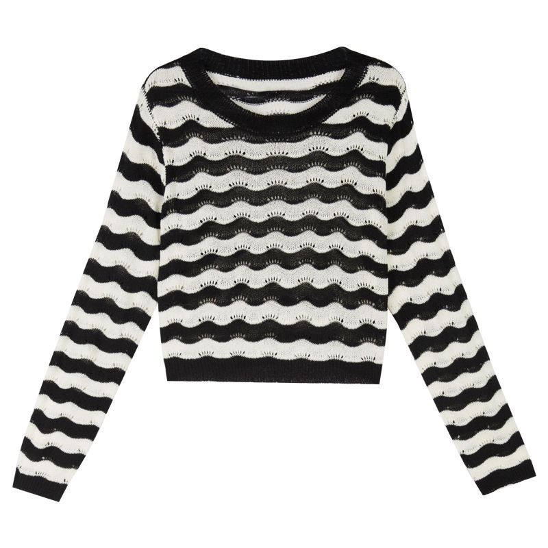 Women's Spring Korean-style Short Striped Sun Protection Knit Top Cover-up Blouse