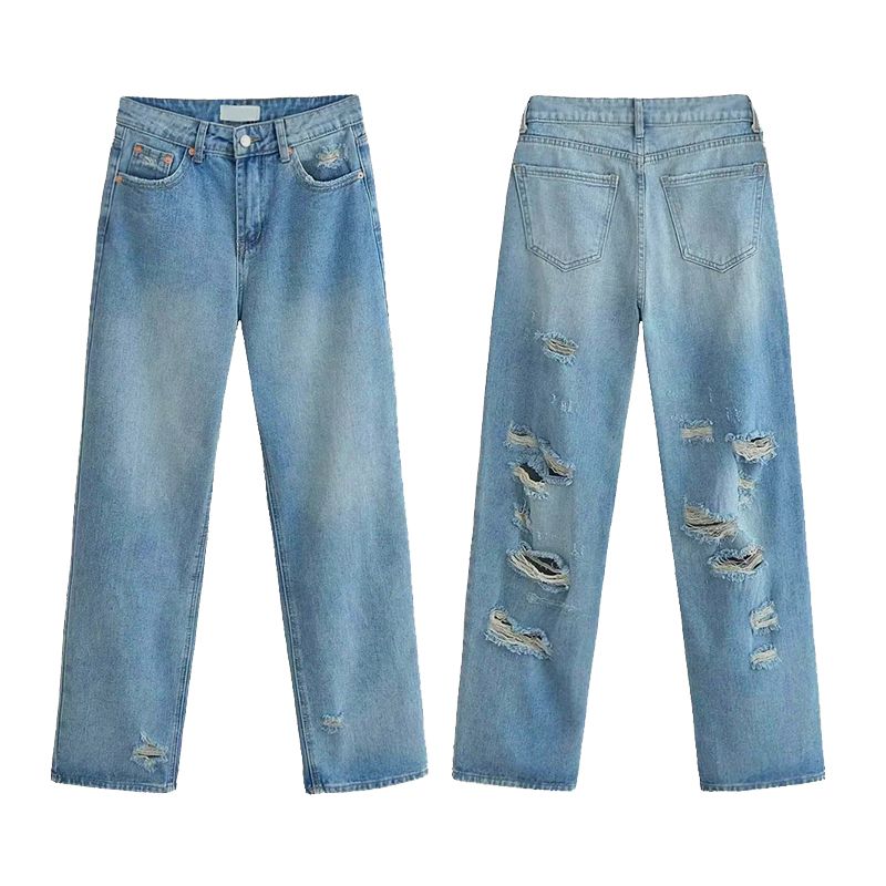 

Denim Summer Thin Women s Retro Tattered Jeans Silm Retro Europe and America Trendy Washed High Waist Loose Pants Beggar American Style Dark Blue S