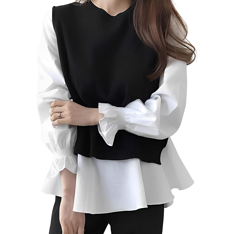 

[Nune] 2-piece set layered style blouse vest long sleeve layered docking shirt tops ladies spring autumn pullover commute office business Commuting to