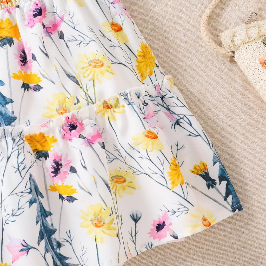 Dětské šaty s krátkým rukávem s květinovým vzorem Letní dívčí sladké princeznovské šaty