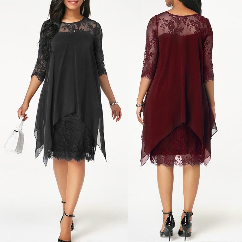 Elegante kant split mid lengte chiffon jurk vrouwen korte mouw lente zomer jurk vrouw effen A-lijn plus size jurken 24033