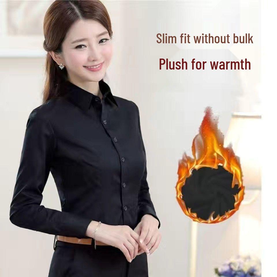 Women's Korean-Style Thickened Velvet Black and White Slimming Long-Sleeve Shirt - Professional Workwear Base Layer