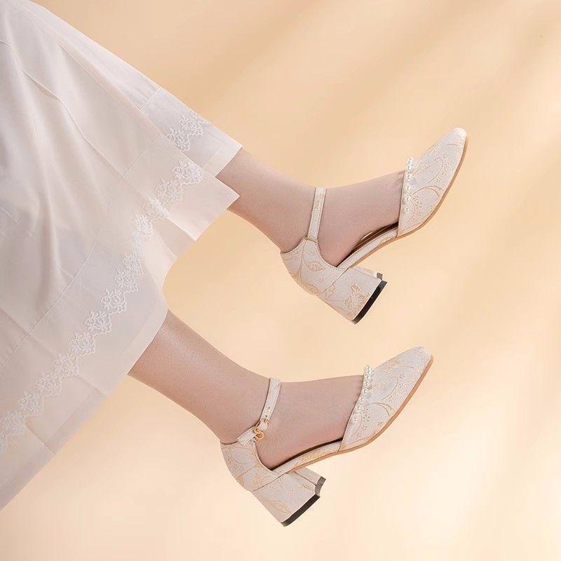 Celebrity style dark pattern retro summer Hanfu Mary Jane high heels Republic of China style with cheongsam height-increasing sandals women