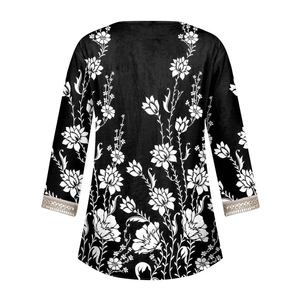 Women's Shirt Blouse Casual Loose Shirts 3/4 Sleeve Lace Trims Print V Neck Tops Print Tops T-shirts Tee