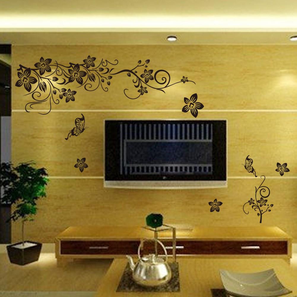 Self-adhesive Butterfly & Flower Vine Wall Stickers for Living Room TV Background