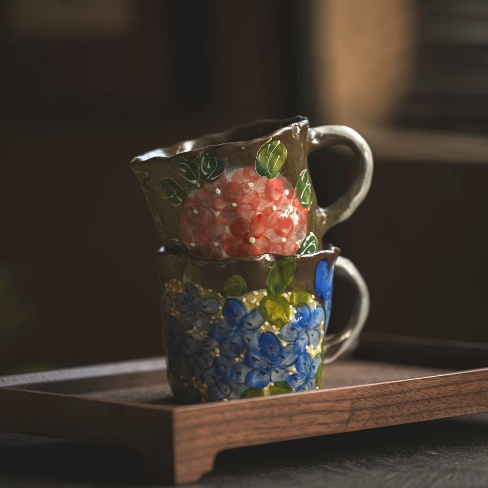 300ml Vintage Hand-Painted Ceramic Mug, Retro Floral Coffee Cup, Handmade Art Teacup for Home Office