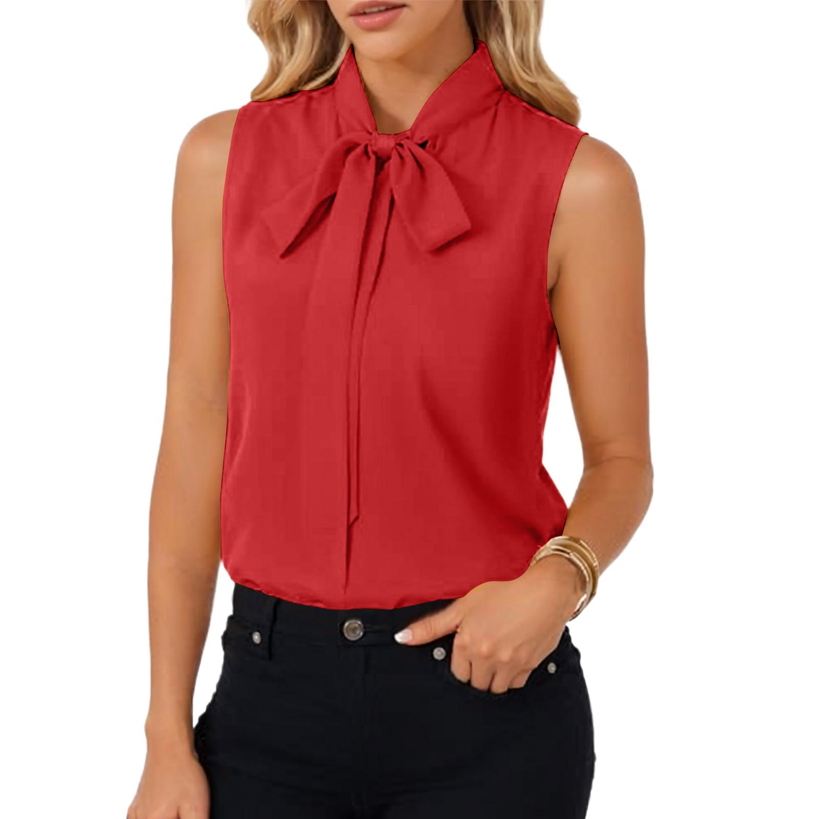 

Women s Fashion Elegant Bow Neck Sleeveless Blouse Shirt Top XXL червоний