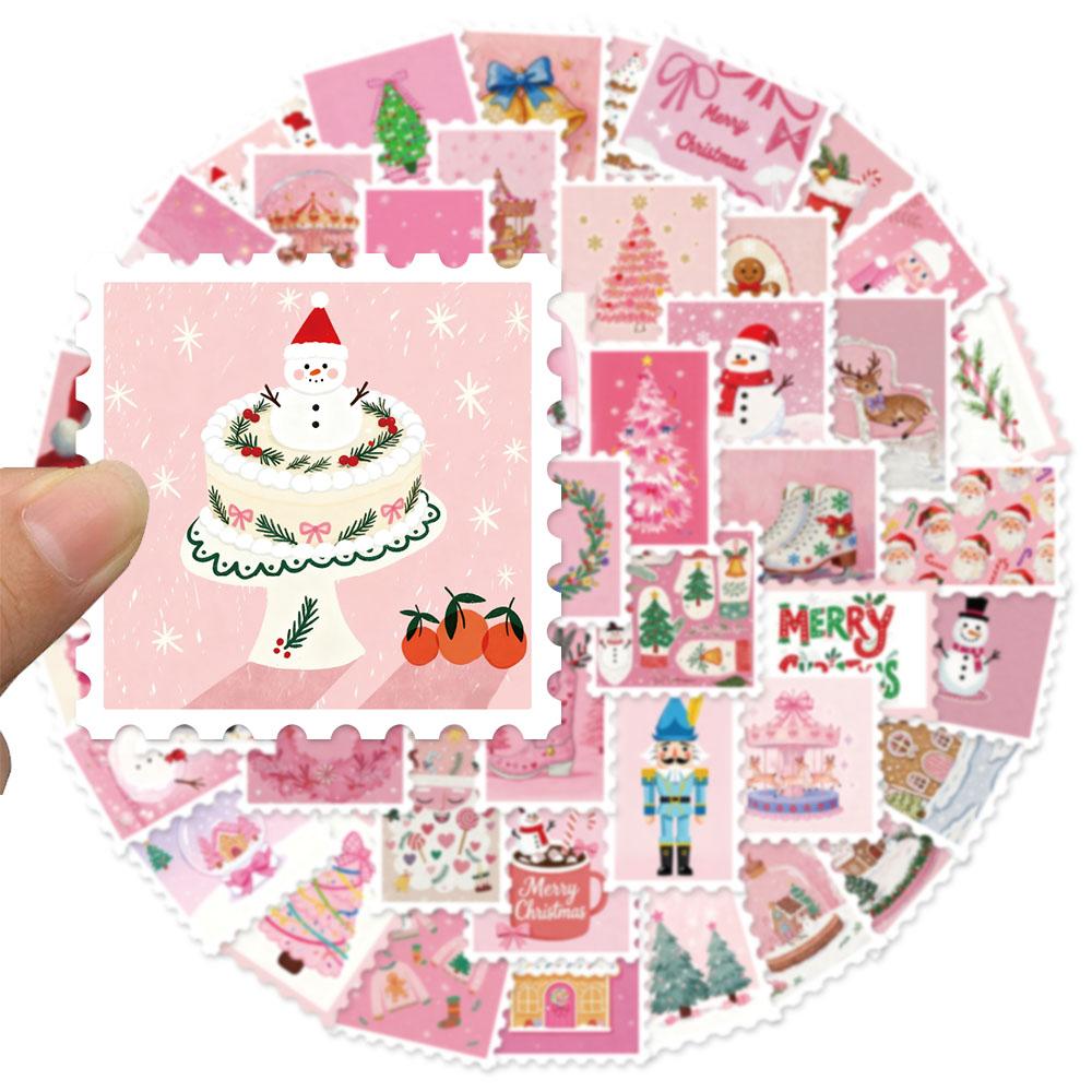 50PCS Pink Christmas Stamp Fun Stickers DIY Handmade Materials Phone Case Laptop Christmas Decoration Stickers