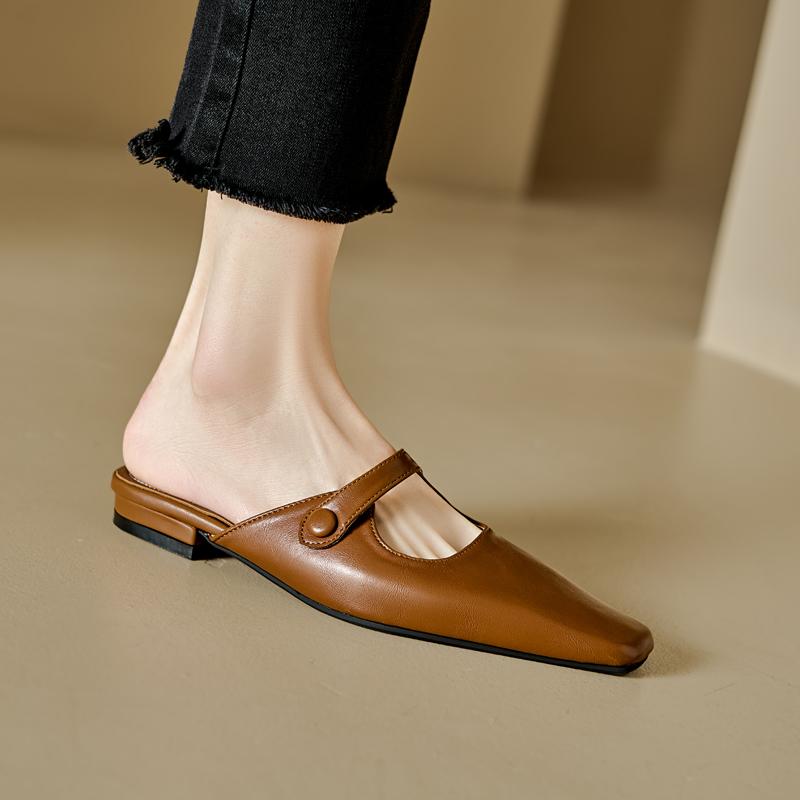 Fashion 2025 New Summer Women Mules Genuine Leather Women Shoes Square Toe Chunky Heel Shoes Cover Toe Slingback Sandals Slippers