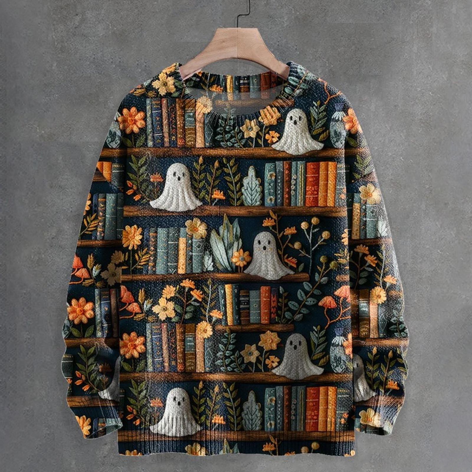 

Свитшоты на Хэллоуин для женщин, вязаный свитер, милая рубашка, осенний свитер с круглым вырезом, топы XXL тёмно-синий