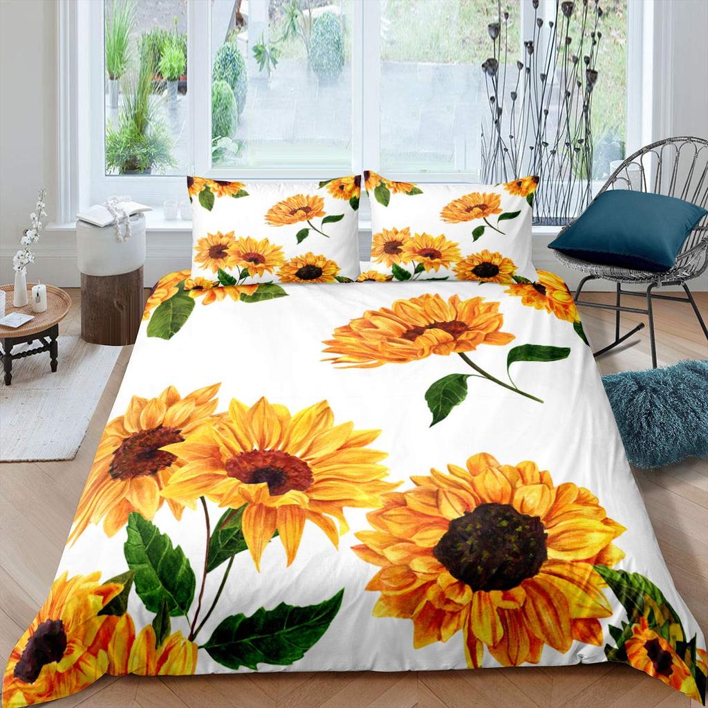Vintage Sonnenblumen Bettbezug Set Buchstaben Bettwäsche Set Buchstaben und Sonnenblumen Gedruckt Retro Mädchen Queen Size 2/3tlg. Bettdeckenbezug