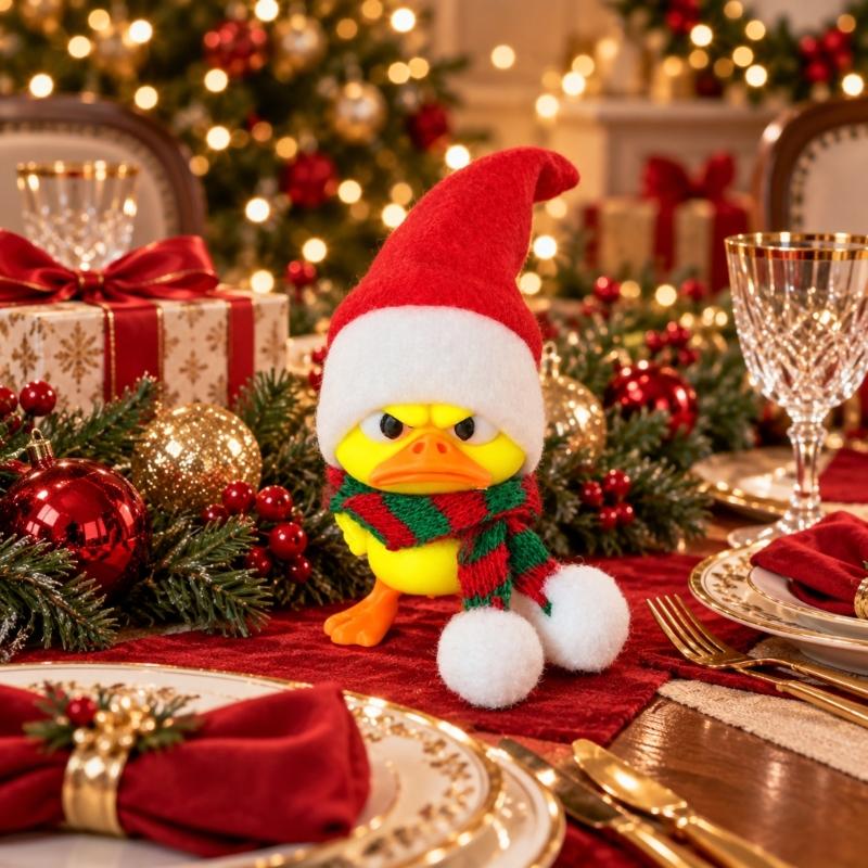 3D-Printed Christmas Duck Figurines, Funny Angry Yellow Duck Deccorations with Red, White, and Green Trim for Desks, Shelves, Entryways, and Cabinets