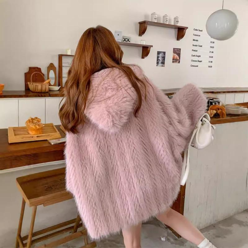 New Big Hooded Fur Winter Popular Fluffy Coat Women's Clothing Large Size Loose Plush Clothes