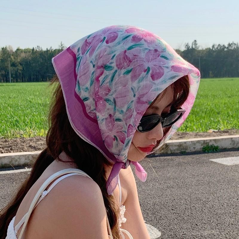 Eșarfă mică pătrată retro de țară, eșarfă artistică franțuzească din bumbac și in, eșarfă de cap pentru femei de primăvară și toamnă, vară, pentru umbră și protecție solară