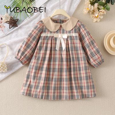 Kinder Kleidung Frühling Herbst Mädchen Kleid Revers Langarm Plaid Kleider Bogen Student Uniform Casual Kleid für Kinder