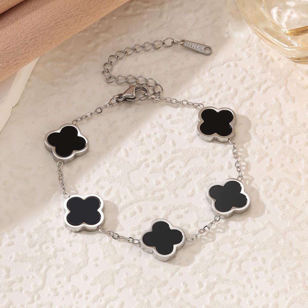 18k Gold-Plated Titanium Steel Four-Leaf Clover Bracelet with Mother-of-Pearl for Women