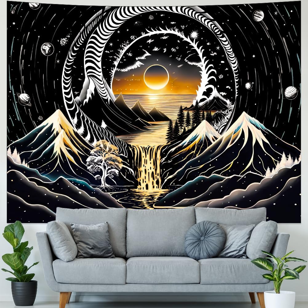 Amhokhui Black and White Tapestry Sun Mountain Tapestry Starry Night Aesthetic Tapestries Trippy River Landscape Tapestries Dark Wall Hanging Decor
