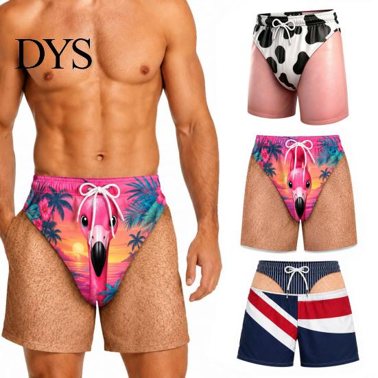 Comfortable Elastic Waist Swim Shorts Men Hairy Butt Shorts, Funny Booty Print Beach Realistic Gifts for Husband 3D Briefs Patriotic Trunks