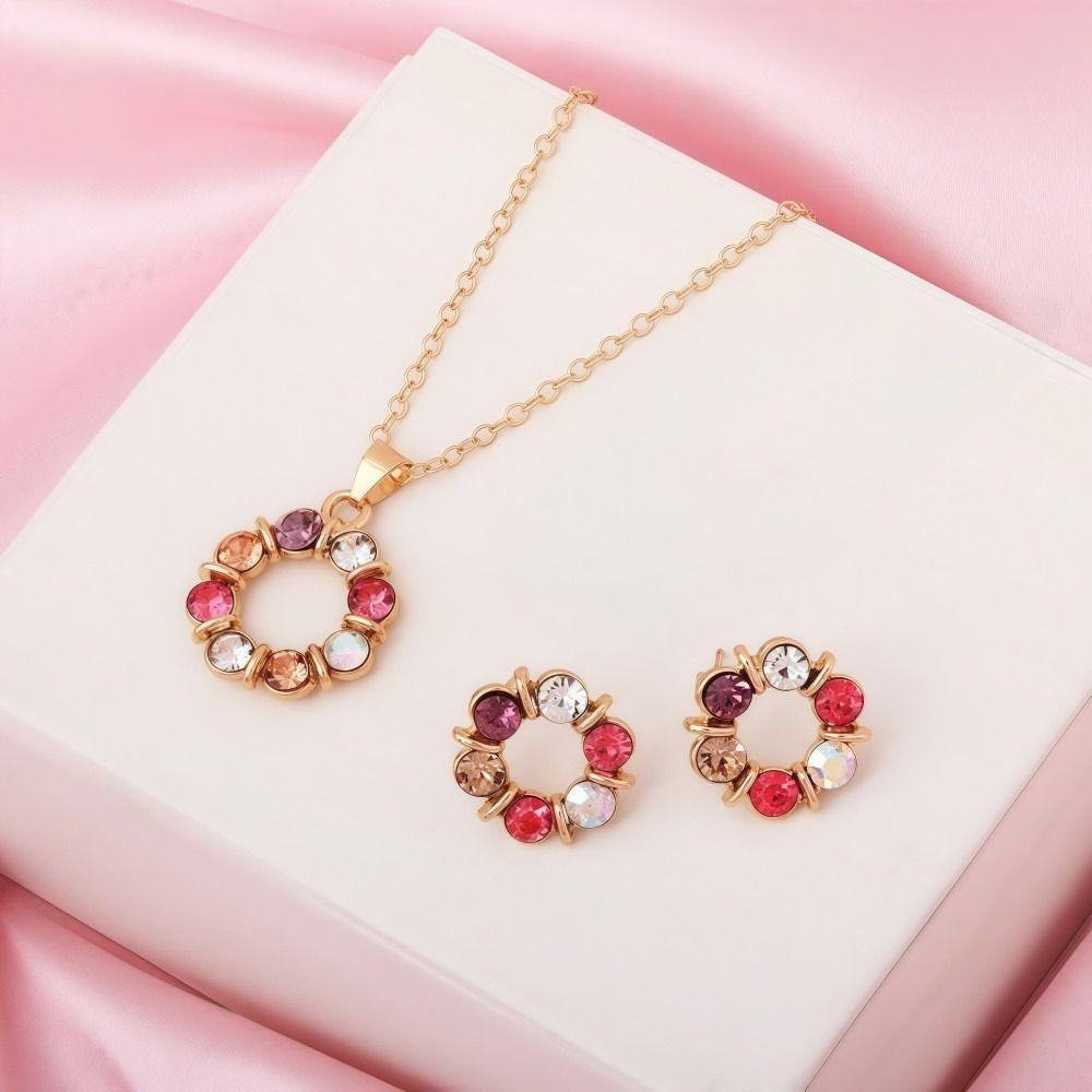 3pcs Gold Color Necklace Earrings Set Exquisite Stained Glass Diamond Earring Jewelry Sets Simple Style Circle Shape Design