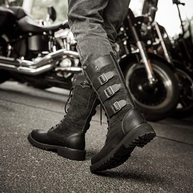 Luxus-Design Lederschnalle Riemen Mitte der Wade Männer Motorradstiefel Mode Schnürschuhe Britischen Stil Qualität männliche Schuhe Botas Hombre