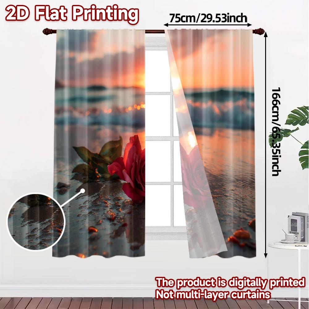2pcs, 2D FLAT PRINTING Curtains (Without Rod) BeachRoseSunset Modern Curtains Digital Printed Versatile Fabric Curtains