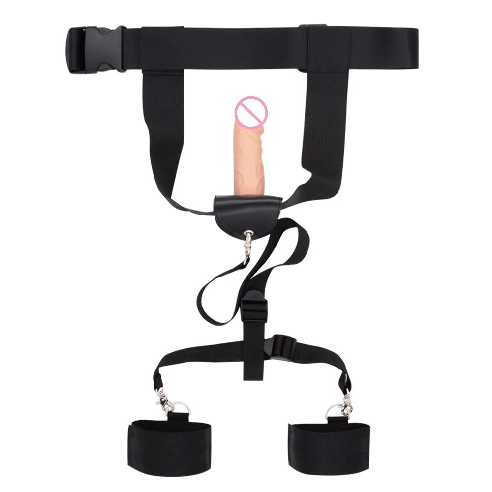 Waist  Belt with Detachable Dildo Handcuff Leather Harness Penis Holder Bondage Chastity Forced Orgasm Belt for Dildo Women