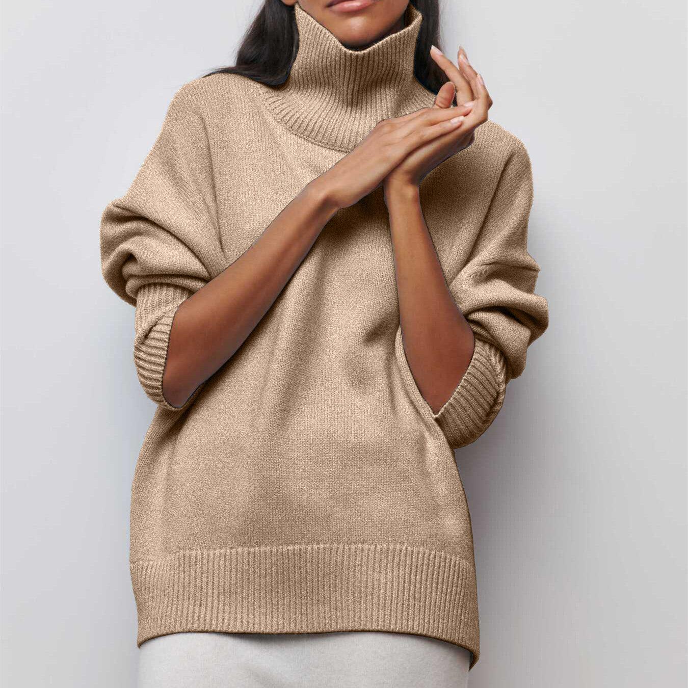

Женский осенне-зимний модный свитер для дам, свободные однотонные вязаные топы с полувысоким воротником и длинными рукавами L хаки