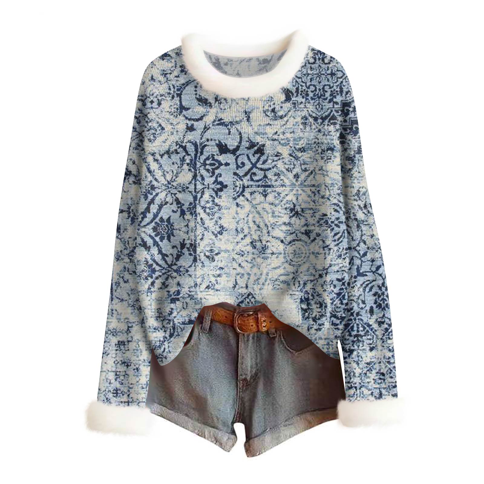 

Женский модный свитер с принтом и шерстяным воротником, повседневный вязаный пуловер с длинными рукавами XXL