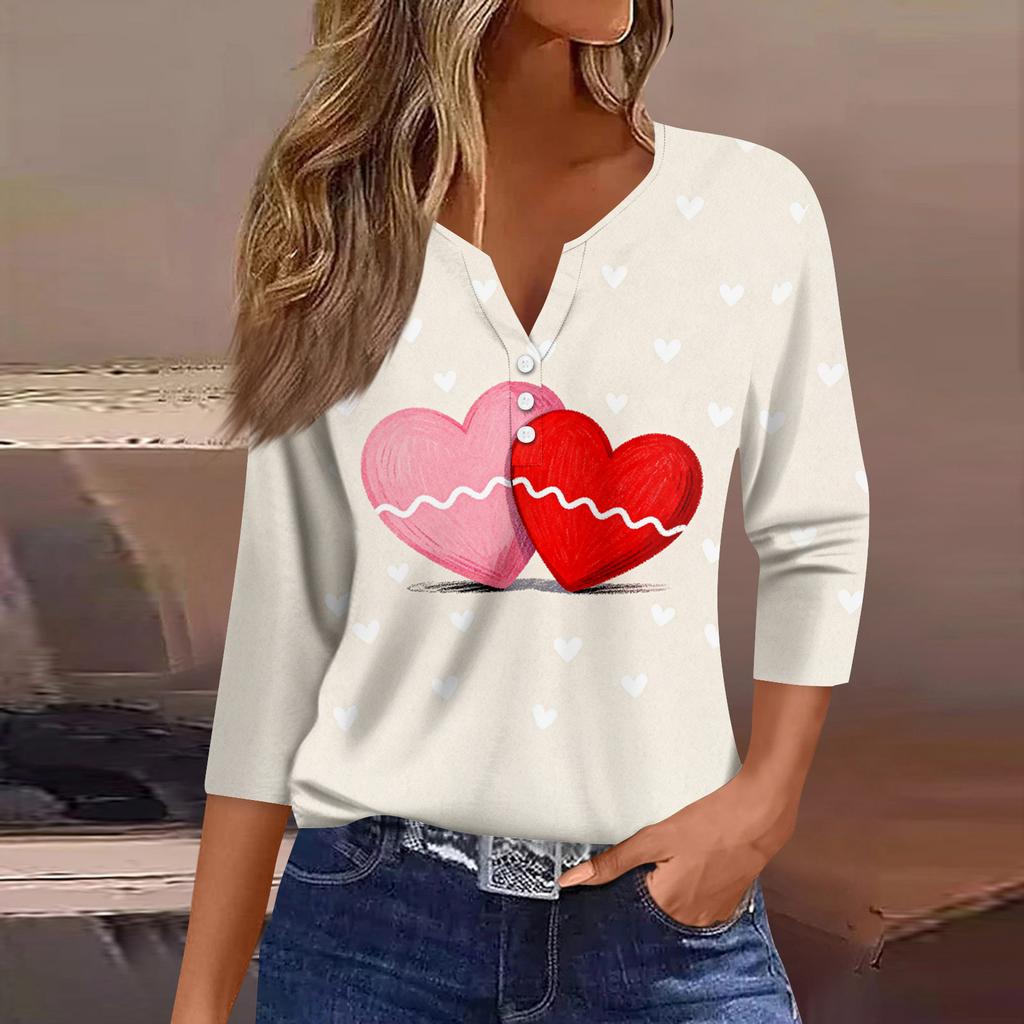 Women's Fashion Button-Up V-Neck Three-Quarter Sleeve Valentine's Day Print Top