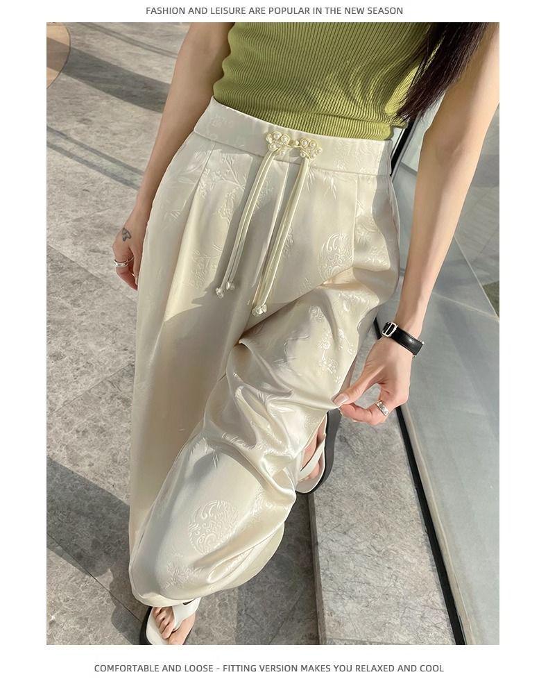 New Chinese Style Women's High-Waist Wide-Leg Pants for Summer - Ice Silk Feel, Floor-Length, Casual Drape.
