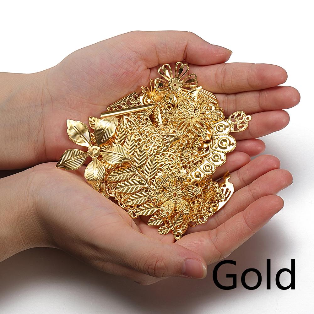 

50g 100g Mixed Flower Filigree Wraps Beads Caps Petal Charms Metal Iron Gift Decoration DIY Gold Silver Rhodium Wholesale Weight 50g золотой