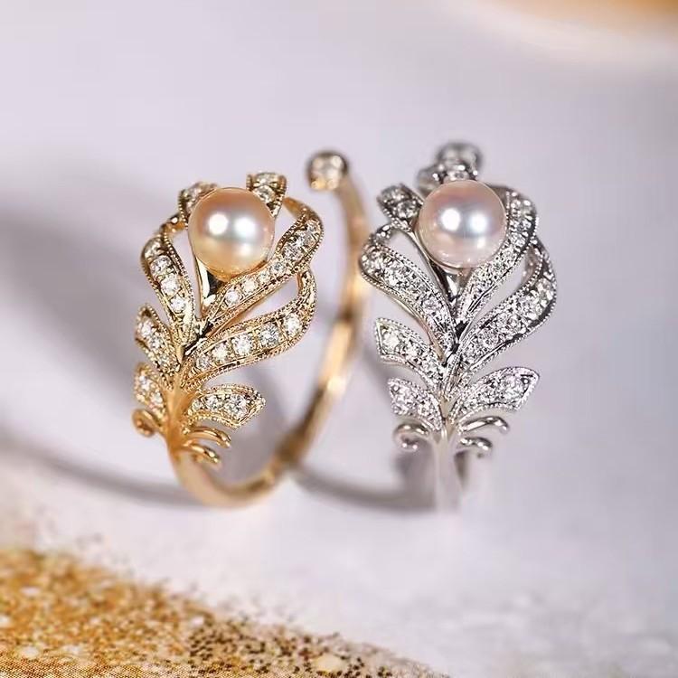 Gold-Plated Mi Gold With Diamonds, Tree Leaf Ring, Light Luxury Full Diamond Hand With High Carbon Diamond Feather Ring.