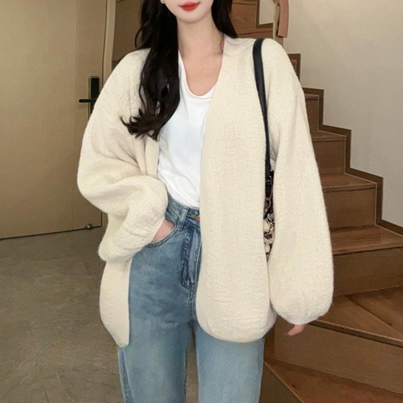 Knitted cardigan women's spring and autumn new lazy wind loose V-neck solid color soft waxy versatile sweater jacket