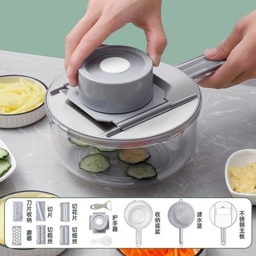 Multi-functional Vegetable Slicer Set with 5 Blades, Including a Storage Basin and Drainer Basket. This Versatile Slicer Set Offers 7 Uses, Including