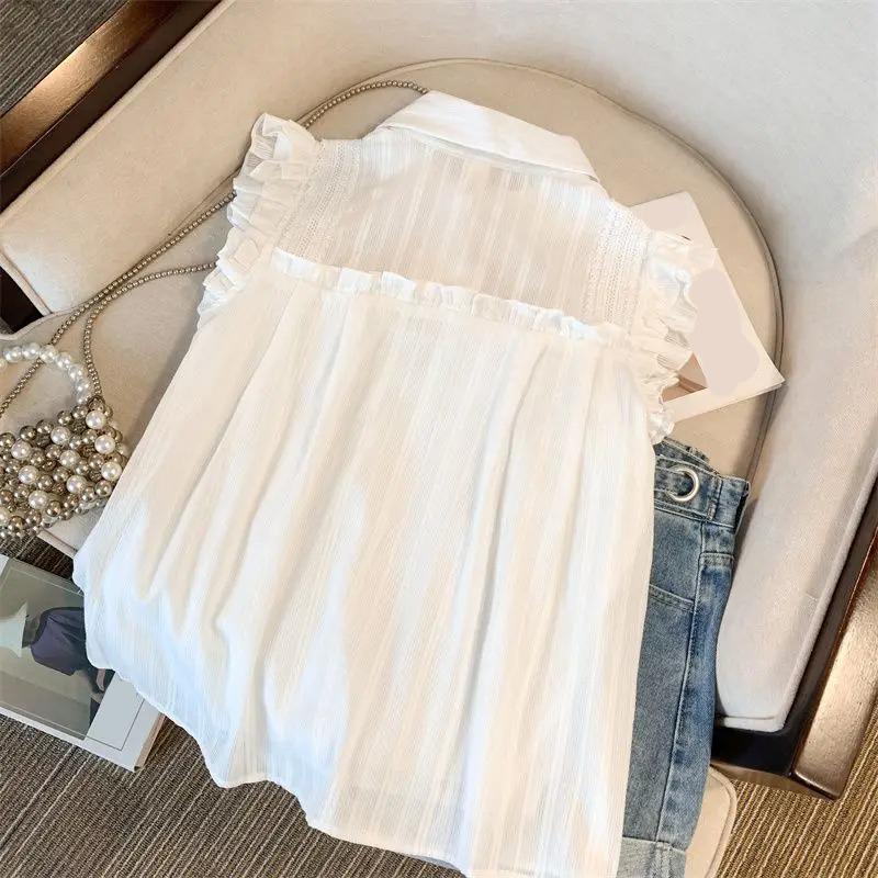 Women Blouses Sweet Sleeveless Solid Lace Ruffles Japanese Fashion Students College Girls Comfortable Loose Summer