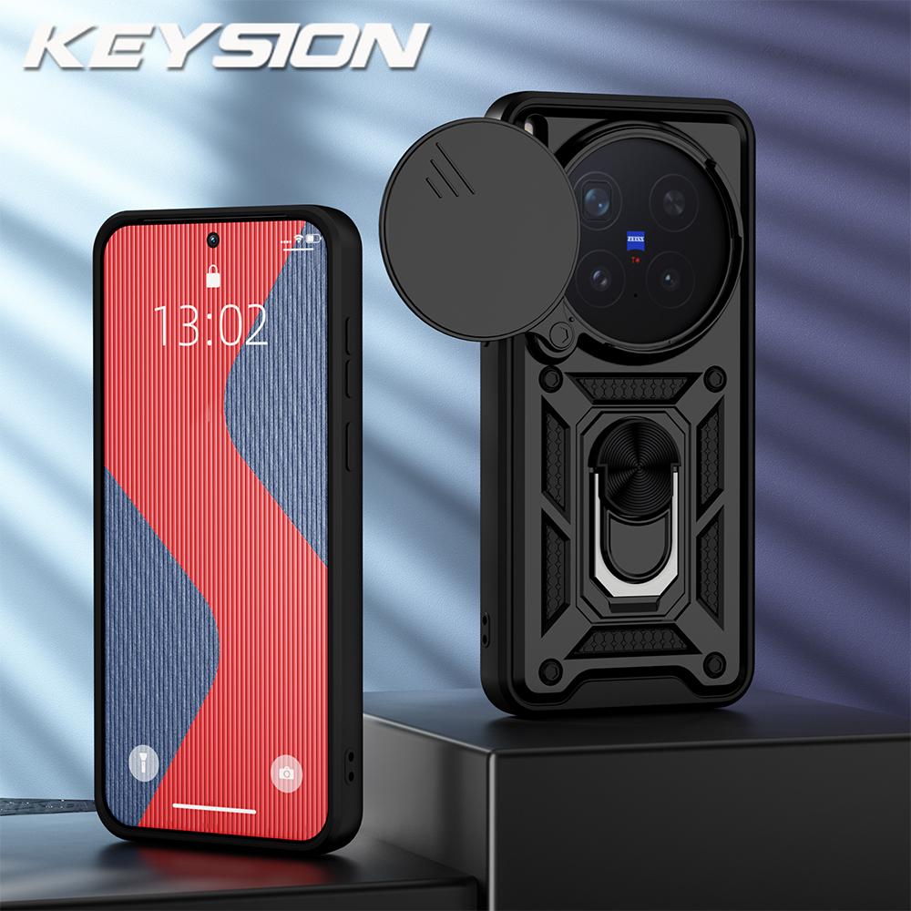 KEYSION Shockproof Armor Case for VIVO X300 Pro 5G Silicone+PC Slide Camera Lens Protection Ring Stand Phone Cover for VIVO X300