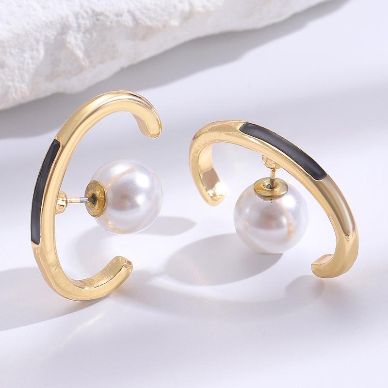 French Oval Large C-Shaped Stud Earrings for Women Elegant Imitation Pearl Geometric Unique Earrings Design Statement Zircon золотой