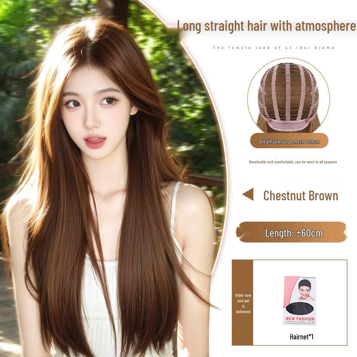 

Caramel Brown Full Head Wig with Curtain Bangs, Middle Part, Long Straight Hair