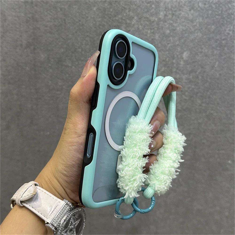 Armor Candy Color Clash For Magsafe Magnetic Clear Phone Case with Plush Wrist Strap For iPhone 16 Pro Max 15 14 13 Cover